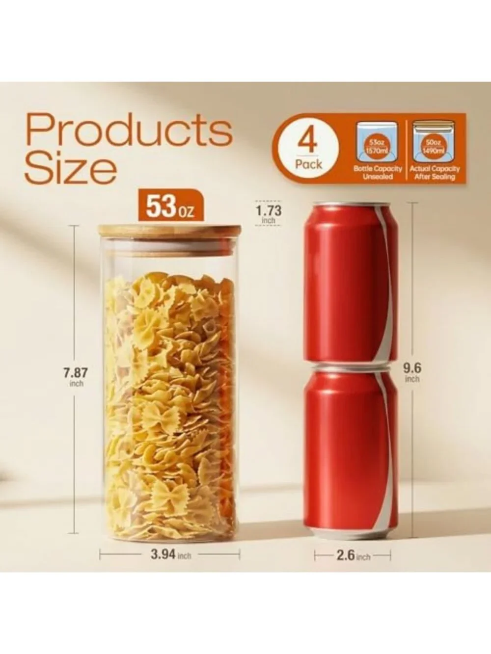 4-Pack 53 oz Round Glass Food Storage Containers with Airtight Bamboo Lids